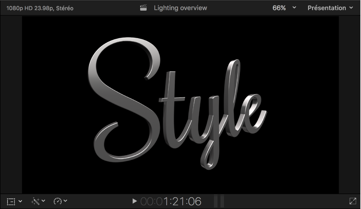 Visualiseur affichant un titre 3D avec un éclairage théâtral