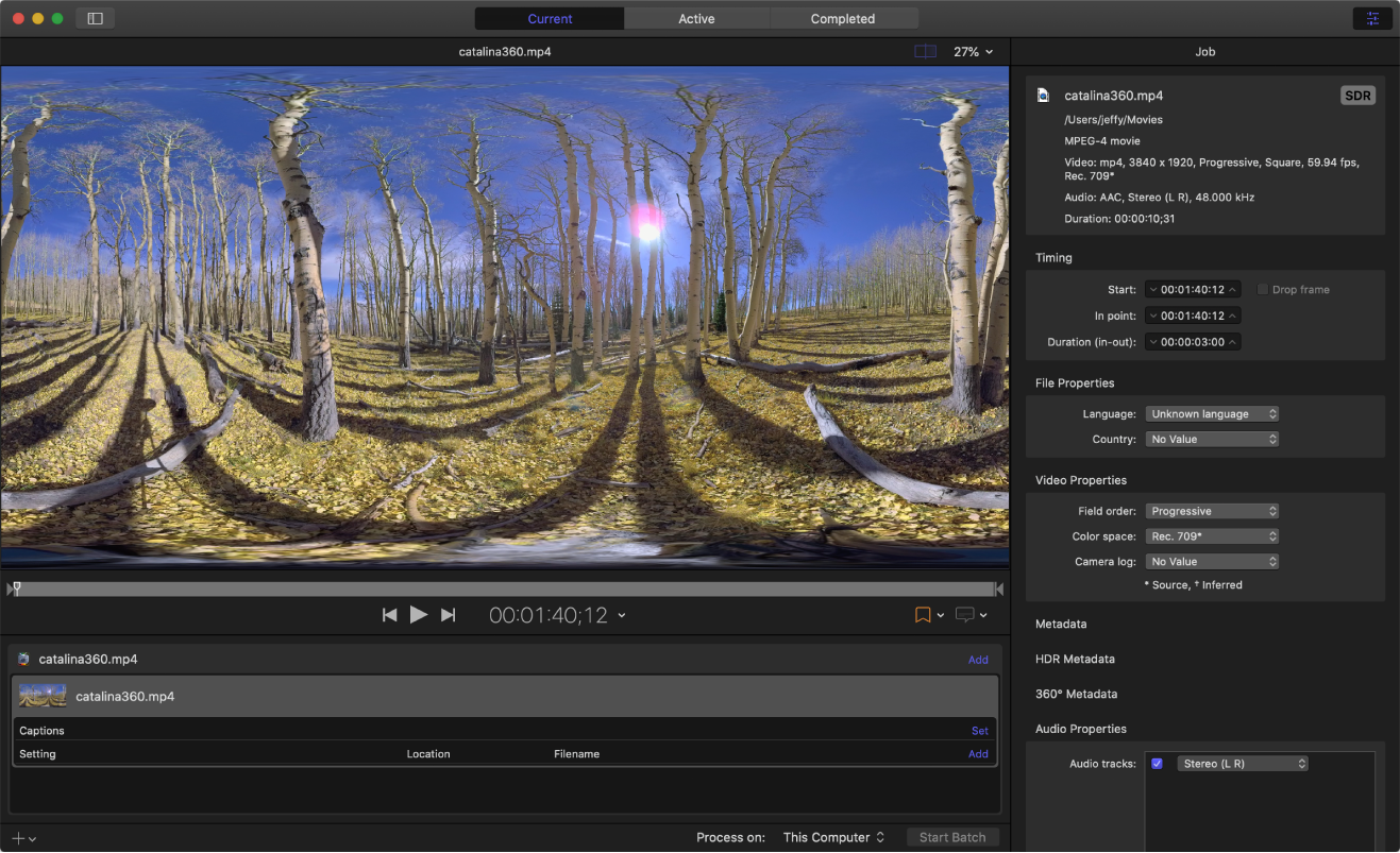 Ventana principal de Compressor con un archivo de origen de vídeo en 360º.