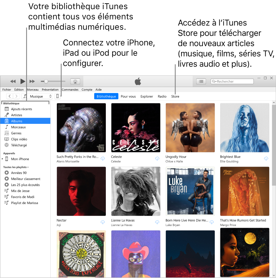 Présentation de la fenêtre iTunes : La fenêtre iTunes se compose de deux sous-fenêtres. La barre latérale Bibliothèque, qui contient tous vos contenus multimédias numériques, se trouve sur la gauche. Sur la droite, dans la plus vaste zone de contenus, vous pouvez voir une sélection correspondant à vos intérêts, par exemple : visiter votre bibliothèque ou votre page Pour vous, explorer les nouvelles musiques et vidéos iTunes, ou visiter l’iTunes Store pour télécharger de nouveaux morceaux, films, séries TV, livres audio, etc. En haut à droite de la barre latérale Bibliothèque se trouve le bouton Appareil, qui s’affiche lorsque votre iPhone, iPad ou iPod est connecté à votre PC.
