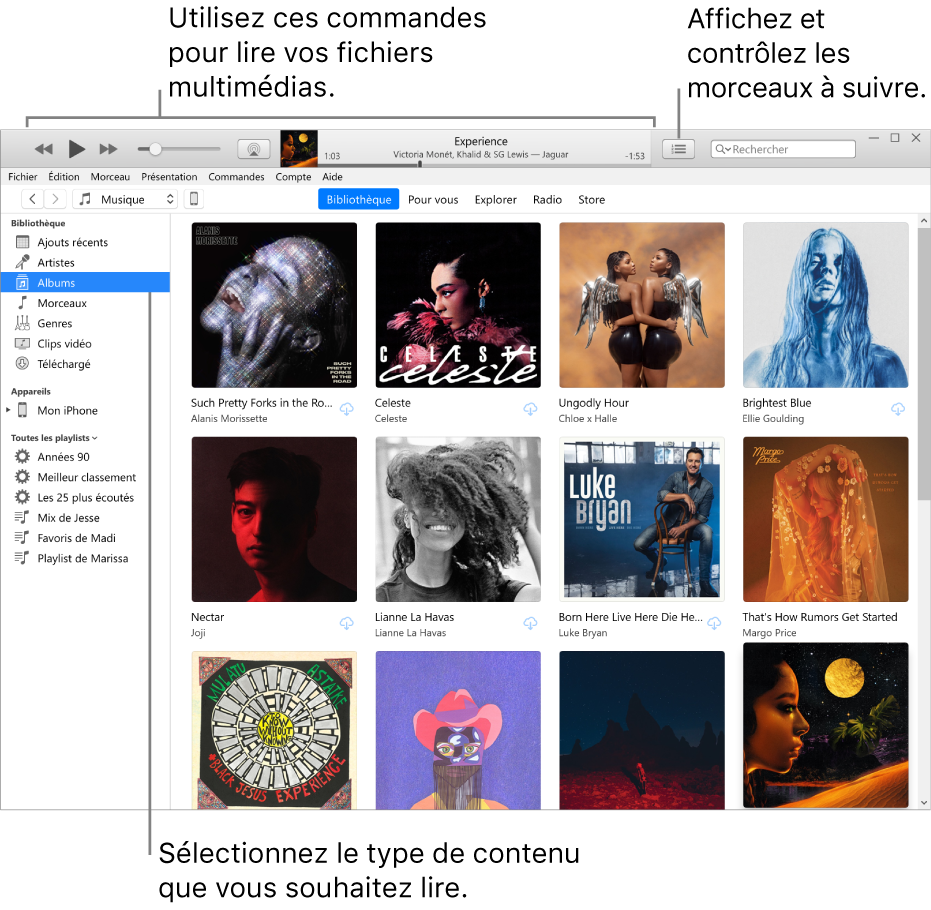 La fenêtre principale de la bibliothèque iTunes : Dans le navigateur, choisissez le type de contenus multimédias à lire (tel que Musique). Utilisez les commandes de la bannière située en haut pour lire votre contenu multimédia, et utilisez le menu local Liste d’attente sur la droite pour voir votre bibliothèque de différentes manières.