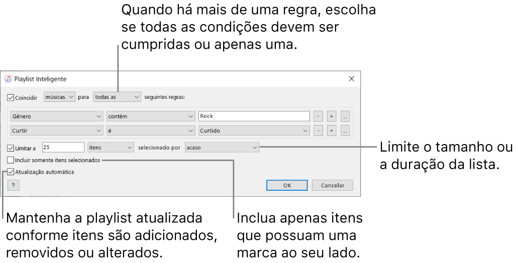 A janela da Playlist Inteligente: No canto superior esquerdo, selecione “Coincidir com” e especifique os critérios da playlist (como gênero ou curtidas). Continue adicionando ou removendo regras. Quando houver mais de uma regra, escolha se todas as condições devem ser cumpridas ou somente uma. Selecione várias opções na parte inferior da janela, como a limitação do tamanho ou duração da playlist, a inclusão apenas de músicas marcadas ou a atualização da playlist pelo iTunes conforme os itens da biblioteca mudam.