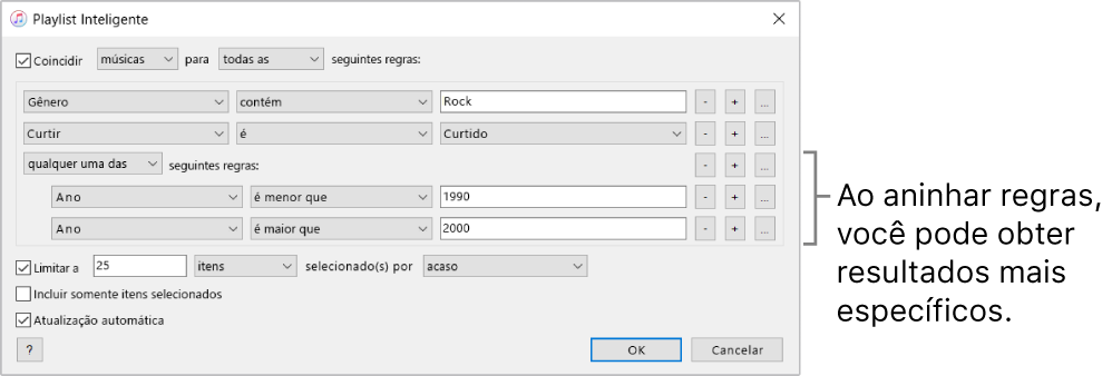 A janela da Playlist Inteligente: use o botão Aninhar à direita para criar regras adicionais aninhadas e obter resultados mais específicos.