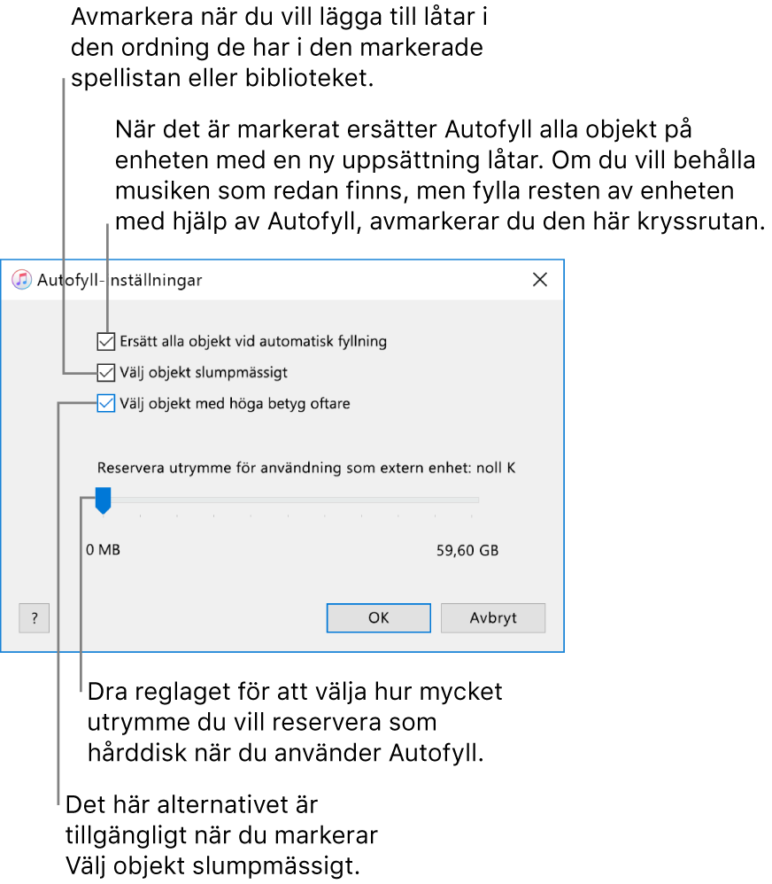 Dialogrutan för Autofyll-inställningar som visar fyra alternativ, med början uppifrån. Om du har musik på din enhet och vill att Autofyll ska ersätta alla objekt med nya låtar markerar du alternativet Ersätt alla objekt vid Autofyll. Avmarkera rutan för att fylla fylla det återstående utrymmet på enheten. Om du vill lägga till låtar i den ordning de visas i biblioteket eller den markerade spellistan avmarkerar du Välj objekt slumpmässigt. Nästa alternativ är Välj objekt med höga betyg oftare, och det visas bara när du har markerat alternativet Välj objekt slumpmässigt. Om du vill ange hur mycket utrymme som ska användas som en hårddisk ställer du in hårddiskkapaciteten genom att justera reglaget.