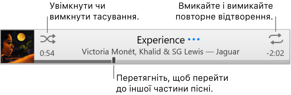 Спливне вікно з піснею, яка відтворюється. Кнопка «Тасувати» в лівому верхньому куті та кнопка «Повторювати» в правому верхньому куті. Перетягніть повзунок, щоб перейти до іншої частини пісні.