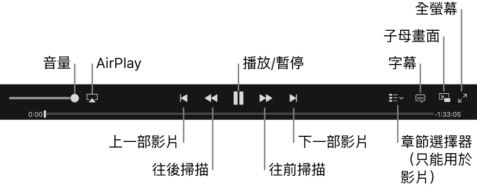 影片控制項目:音量、AirPlay、上一個影片、畫面反轉、播放 / 暫停、正向畫面、下一個影片、章節選擇器(僅限電影)、字幕、子母畫面和全螢幕。
