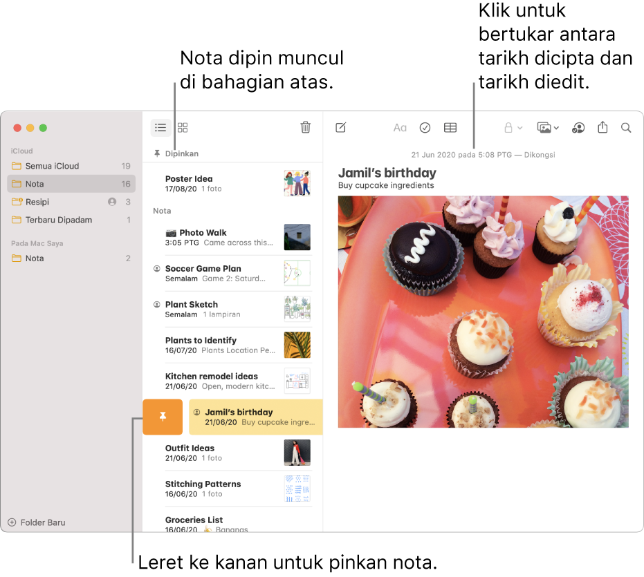 Tetingkap nota dengan senarai nota di tengah, not dipinkan di bahagian atas senarai nota dan butang Pin pada satu nota. Kandungan nota muncul di sebelah kanan dengan tarikh di bahagian atas; klik tarikh untuk bertukar antara tarikh dicipta dan tarikh diedit.
