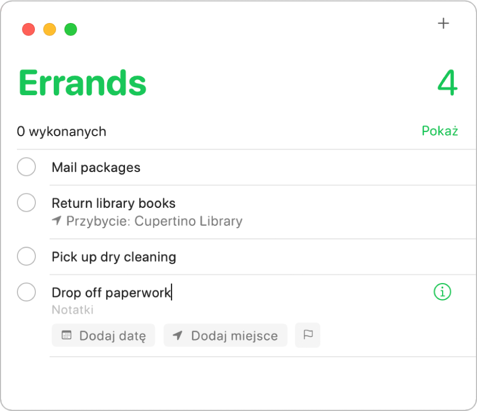 Lista przypomnień zawierająca zaznaczone przypomnienie z polami pozwalającymi na wprowadzenie daty, miejsca i flagi.