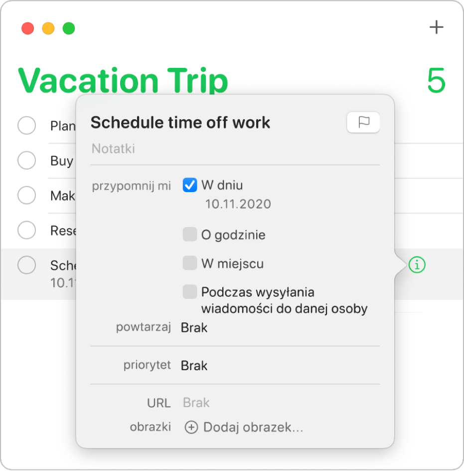 Lista przypomnień oraz okno Inspektora ze szczegółami przypomnienia.