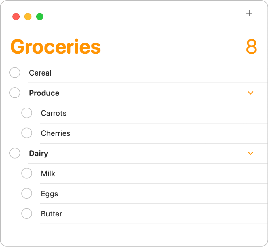 Lista przypomnień zawierająca przypomnienia uporządkowane w zadaniach podrzędnych.