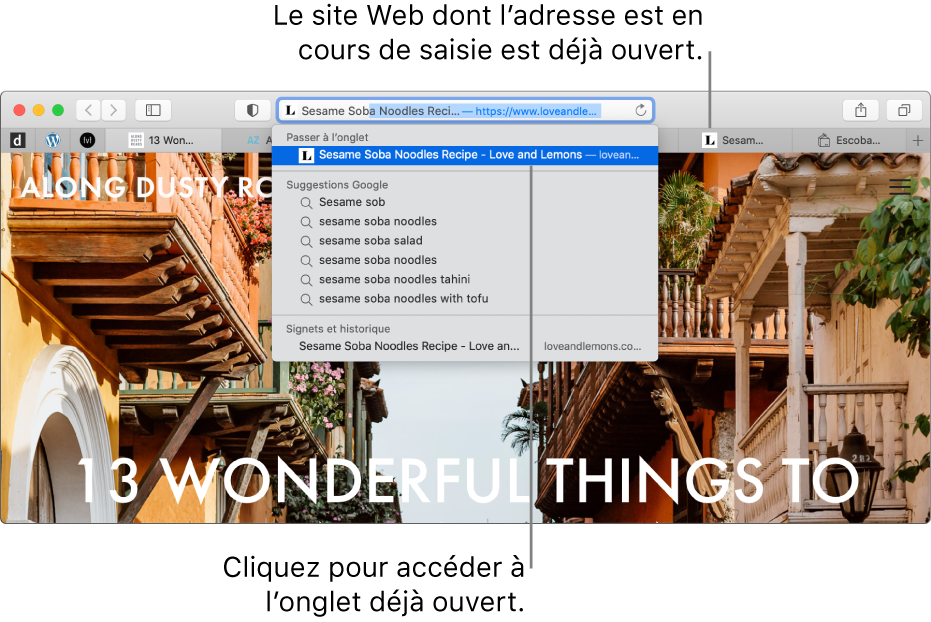 Une fenêtre Safari dont le champ de recherche intelligente contient le début de l’adresse d’un site Web. Le même site Web s’affiche dans la liste de résultats sous « Passer à l’onglet », car il est déjà ouvert dans un autre onglet.