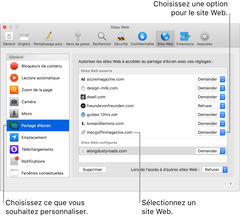 La sous-fenêtre Sites Web des préférences Safari, dans laquelle vous pouvez personnaliser la façon dont vous parcourez les différents sites Web.