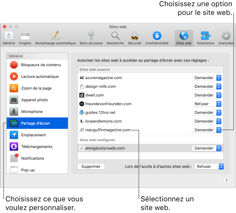 Sous-fenêtre Sites web des préférences Safari, dans laquelle vous pouvez personnaliser la façon dont vous parcourez les différents sites web.