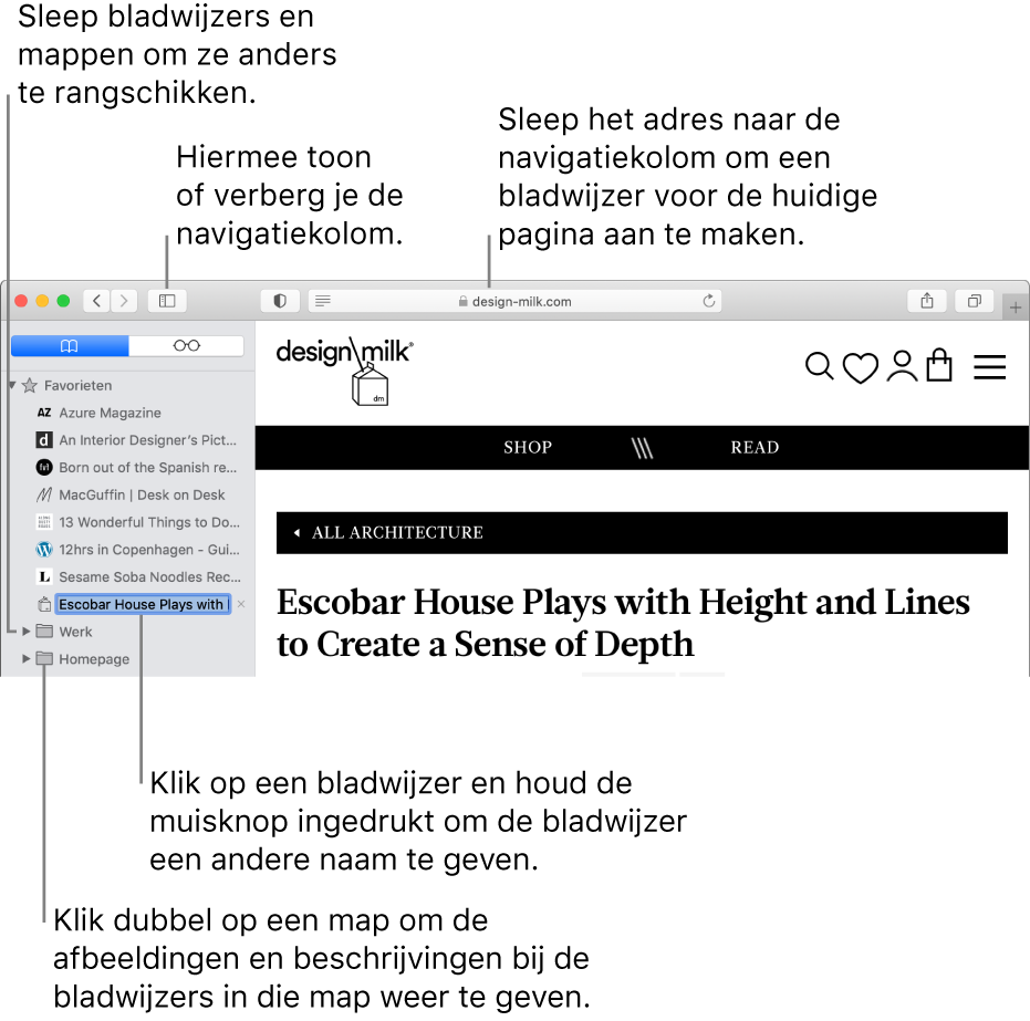 Een Safari-venster met bladwijzers in de navigatiekolom, waarvan één bladwijzer is geselecteerd om te worden gewijzigd.