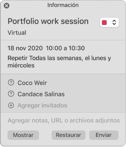 Ventana de información de un evento, recortada para sólo mostrar los invitados