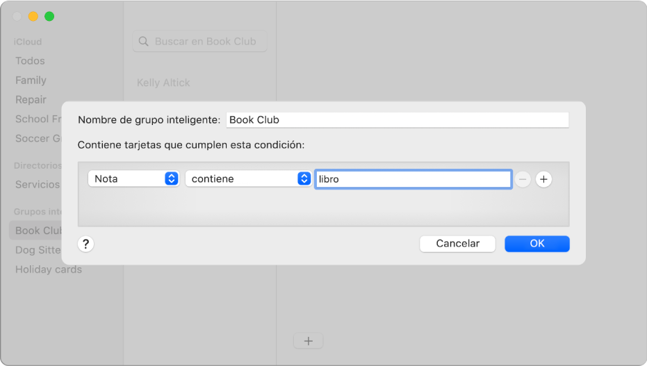 La ventana para agregar un grupo inteligente con un grupo llamado “Club de lectura” que incluye contactos que tienen “lectura” en el campo Nota.