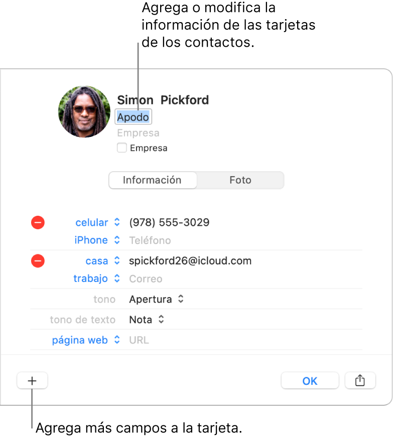 Una tarjeta de contacto mostrando el campo alias debajo del nombre del contacto y un botón en la parte inferior de la ventana para agregar más campos a la tarjeta.