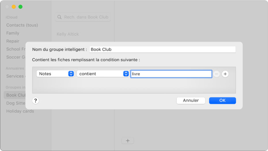 Fenêtre d’ajout d’un groupe intelligent, avec un groupe appelé « Club de lecture » comprenant les contacts dont le champ Remarque contient le mot « livre ».