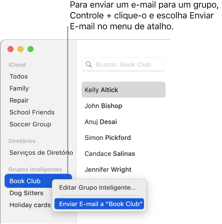 Barra lateral do Contatos mostrando o menu local com o comando para enviar um e‑mail para o grupo selecionado.