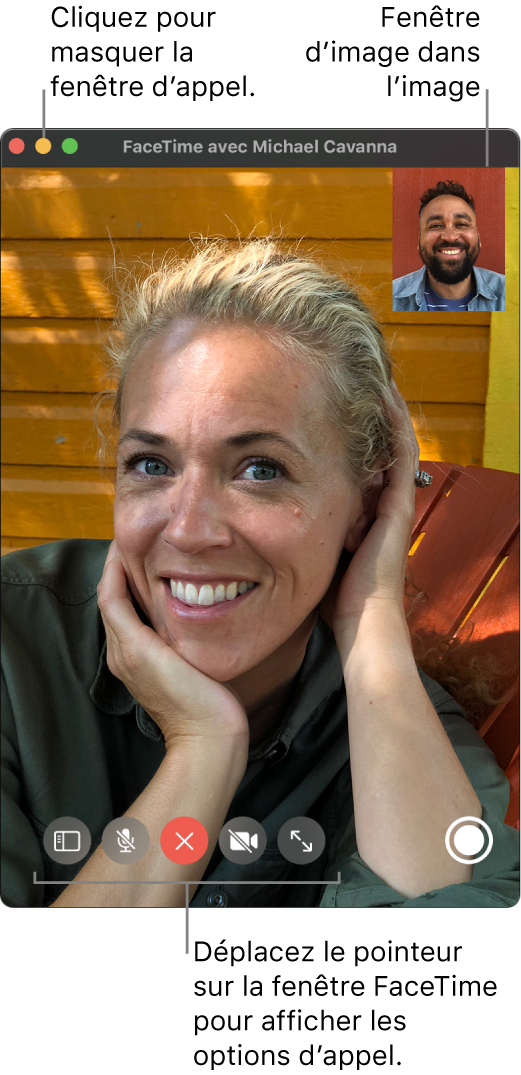 Placez le pointeur sur la fenêtre FaceTime pour afficher des options, comme les boutons « Barre latérale », « Couper le micro », « Raccrocher », « Couper le son de la vidéo », « Plein écran » et « Live Photo ». Cliquez sur le bouton du milieu situé dans le coin supérieur gauche pour masquer la fenêtre d’appel. La fenêtre d’image dans l’image apparaît dans le coin supérieur droit.