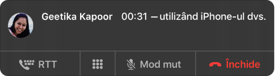 O notificare despre un apel RTT recepționat.