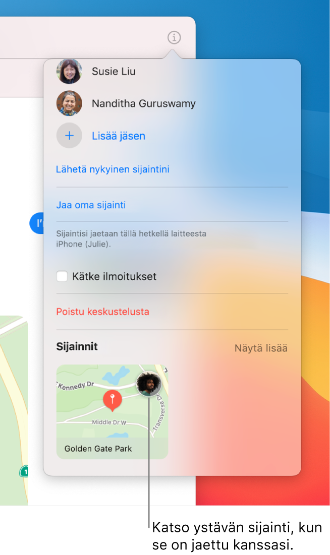 Lisätietoja-näkymä, jonka alaosassa on kartta. Näet sijaintinsa kanssasi jakaneen ystävän kuvakkeen.