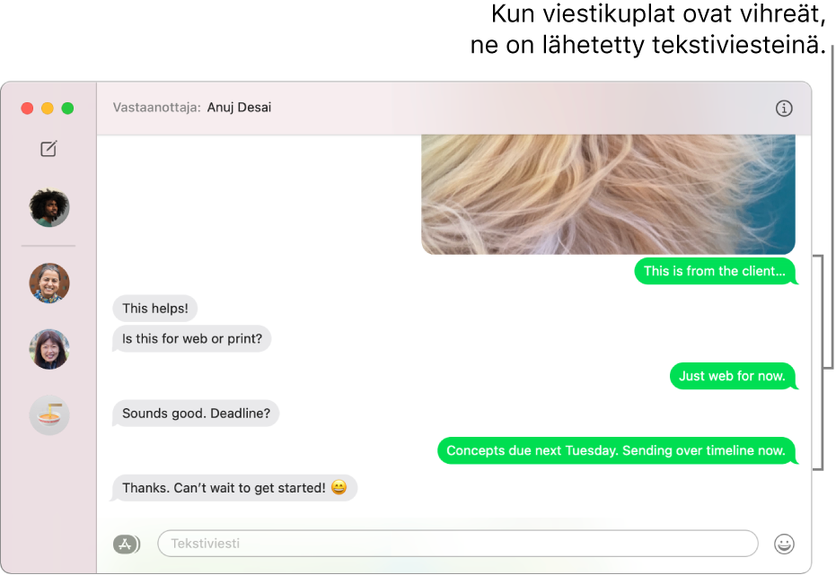 Viestit-ikkuna, jossa on luetteloituna useita keskusteluja vasemmalla olevassa sivupalkissa, ja oikealla näkyy keskustelu. Viestikuplat ovat vihreitä, mikä tarkoittaa, että ne lähetettiin tekstiviesteinä.