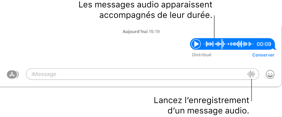 Une conversation dans la fenêtre Messages avec le bouton « Enregistrer l’audio » en regard de la zone de texte au bas de la fenêtre. Un message audio s’affiche avec sa durée dans la conversation.