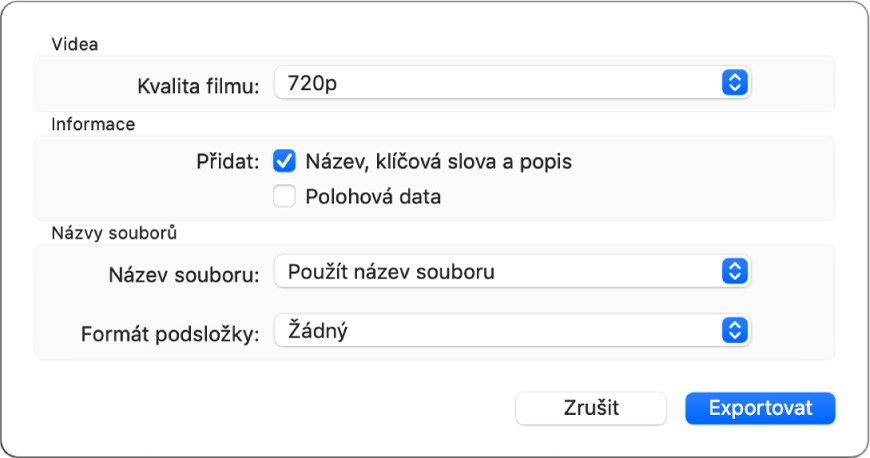 Dialogové okno s volbami pro export videí