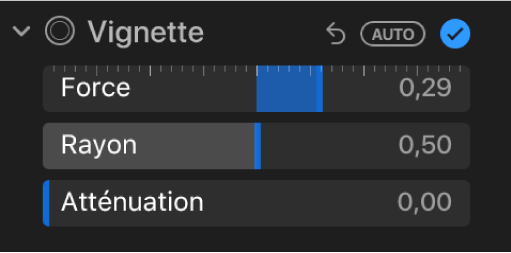 Les commandes de la vignette dans la sous-fenêtre Ajuster, affichant les curseurs Force, Rayon et Atténuation.