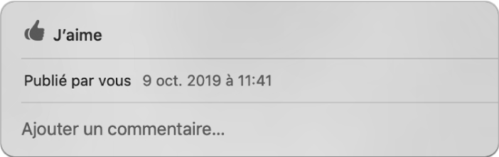 Une fenêtre affichant les options « J’aime » et « Commentaire » pour une photo partagée.