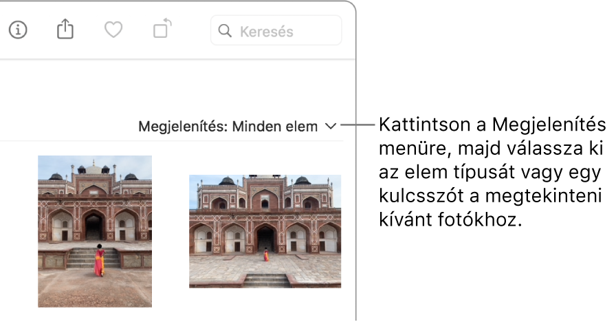 A Megjelenítés előugró menü, mely úgy van beállítva, hogy minden elemet megjelenítsen.