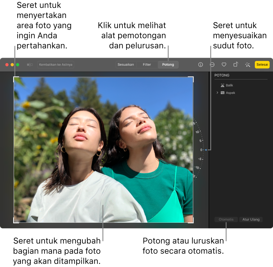 Foto dalam tampilan pengeditan, dengan Potong dipilih di bar alat, persegi pilihan di sekitar foto, roda kemiringan di sebelah kanan foto, dan tombol Otomatis di kanan bawah.