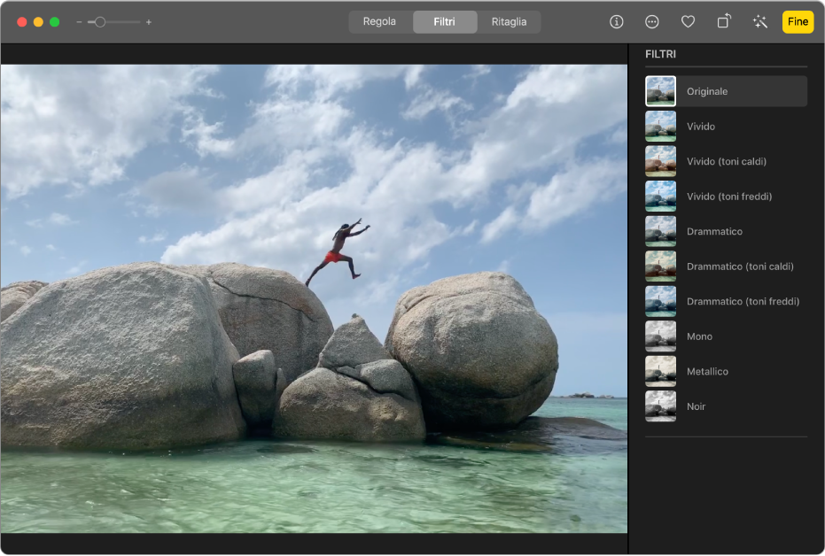 Un clip video nella vista di modifica con Filtri selezionato in alto nella finestra Foto e il pannello Filtri che mostra le opzioni per i filtri.