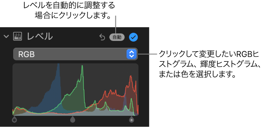 「調整」パネルの「レベル」コントロール。右上に「自動」ボタン、下に「RGB」ヒストグラムが表示されています。