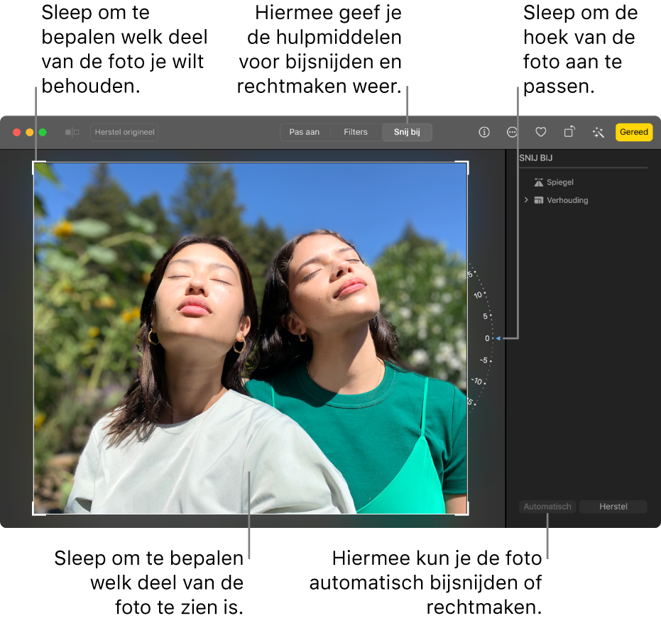 Een foto in de bewerkingsweergave, met 'Snij bij' geselecteerd in de knoppenbalk, een selectierechthoek rond de foto, een kantelwiel rechts van de foto en de knop 'Automatisch' rechtsonderin.
