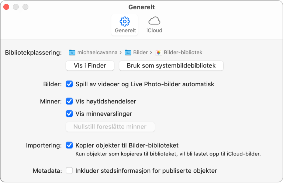 Generelt-panelet i Bilder-valg.
