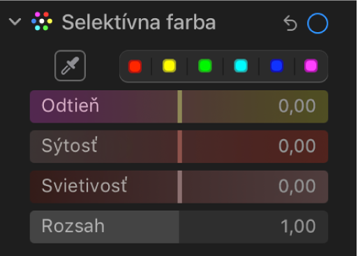 Ovládacie prvky Selektívna Farba na paneli Úpravy zobrazujúce posuvníky Odtieň, Sýtosť, Svietivosť a Rozsah.