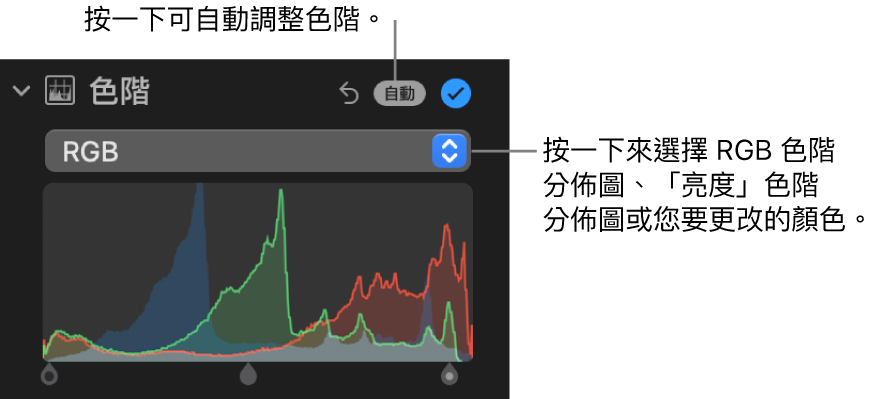 「調整」面板中的「色階」控制項目,右上方顯示「自動」按鈕,下方顯示 RGB 色階分佈圖。