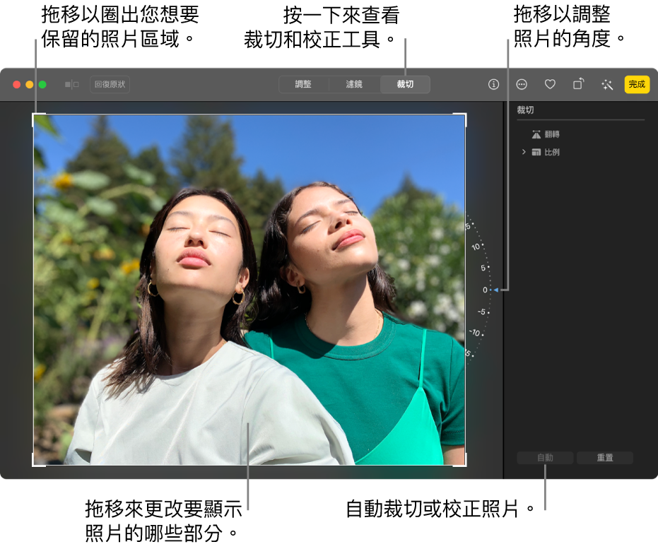 編輯畫面中的照片,已選取工具列中的「裁切」,照片周圍顯示選取矩形,照片右方顯示軸輪,右下方則為「自動」按鈕。