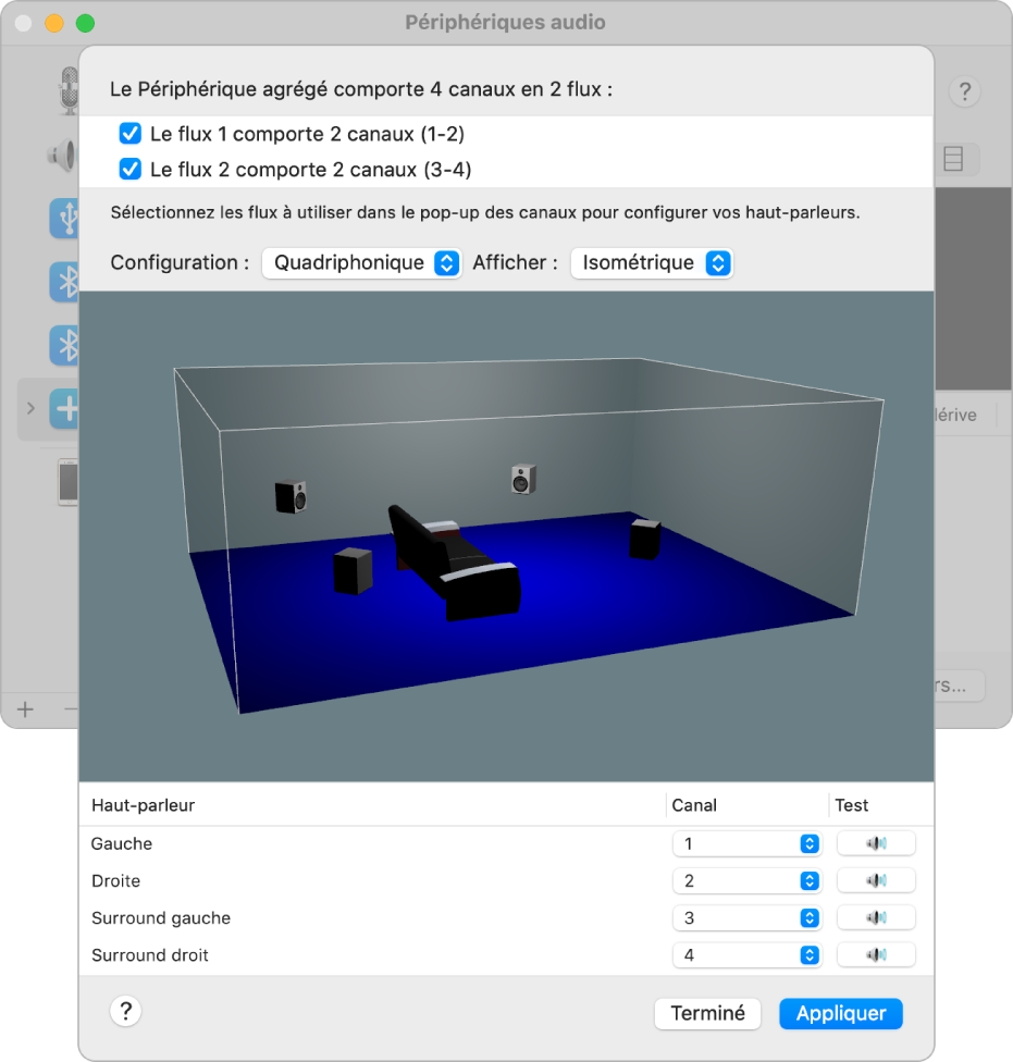 La fenêtre « Périphériques audio » affichant un périphérique agrégé dans la présentation isométrique quadriphonique. Un flux à quatre canaux est sélectionné dans la liste des flux présente en haut de la fenêtre. La présentation 3D affiche les quatre haut-parleurs positionnés dans la pièce.