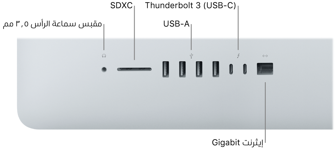 كمبيوتر iMac يظهر فيه مقبس سماعة الرأس ٣,٥ بوصة وفتحة SDXC ومنفذا USB A ومنفذا Thunderbolt 3 (USB-C) ومنفذ غييغابت إيثرنت.