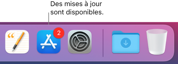 Section du Dock affichant l’icône de l’App Store avec une pastille, ce qui indique que des mises à jour sont disponibles.