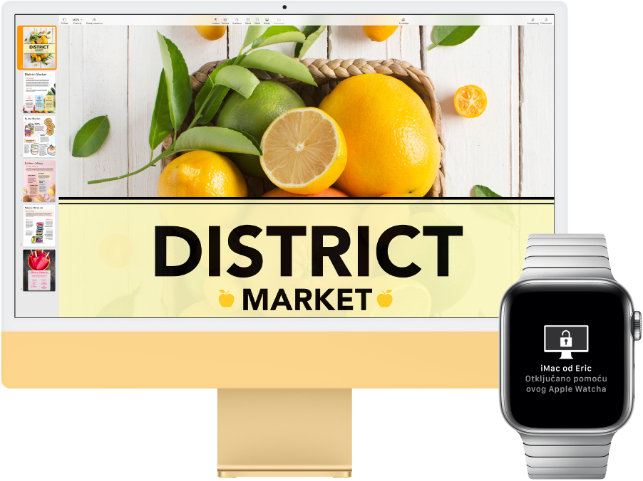 iMac pokraj Apple Watcha pokazuje poruku da je sat otključao Mac.