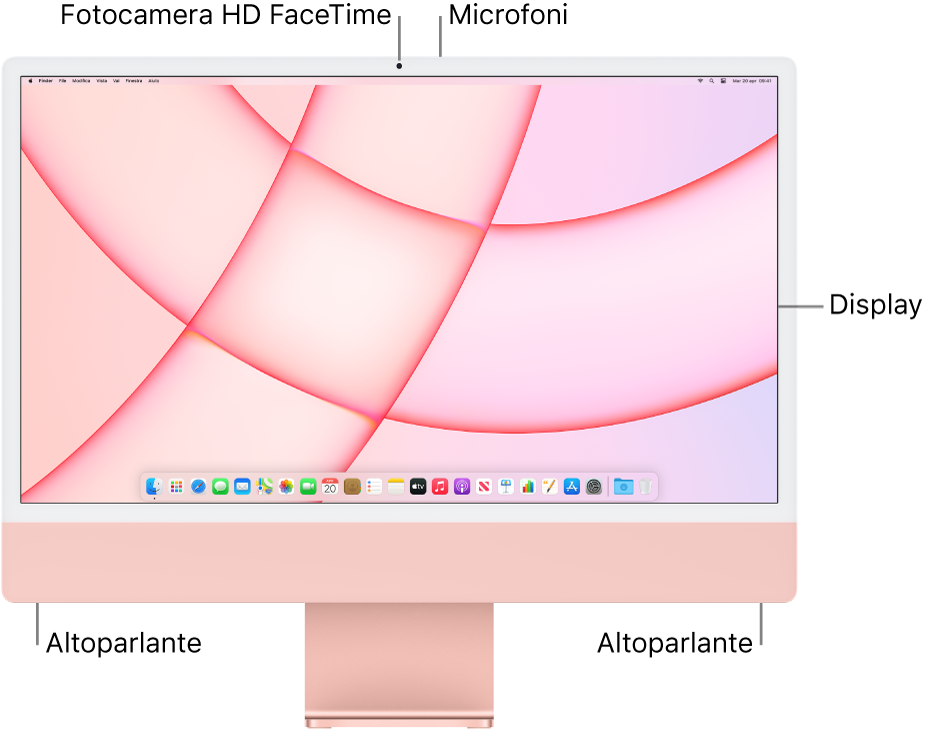 Vista frontale di iMac che mostra il monitor, la fotocamera, i microfoni e gli altoparlanti.