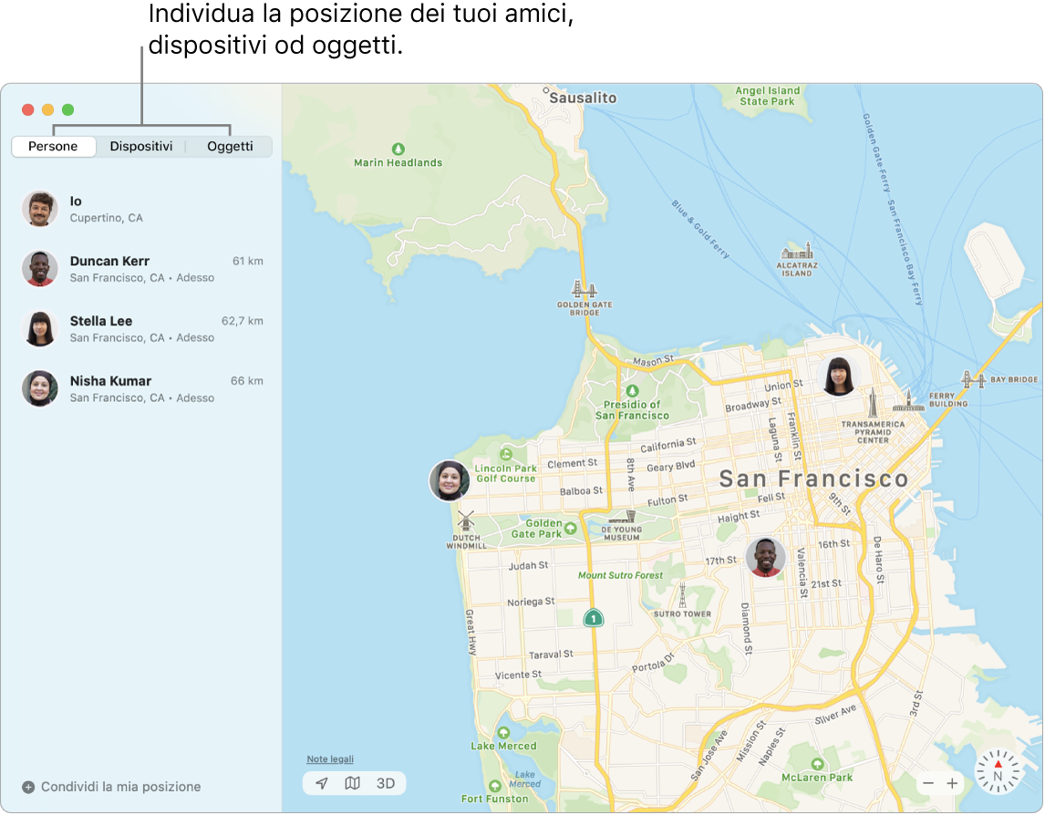 Il pannello Persone selezionato sulla sinistra e una mappa di San Francisco a destra con la posizione di tre amici.