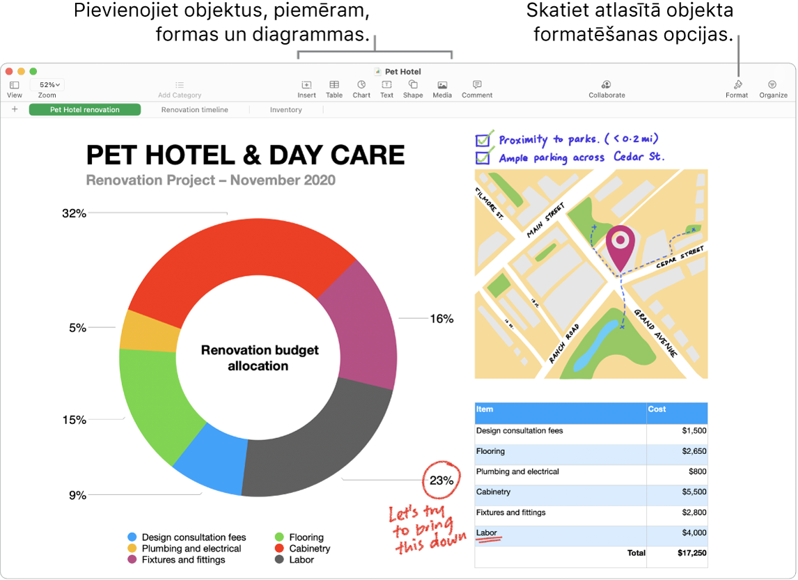 Lietotnes Numbers loga augšā redzama rīkjosla un tās rediģēšanas rīki, poga Collaborate augšējā labajā stūrī un pogas Format un Organize — labajā malā. Sānu josla Format ir atvērta cilnē Charts.