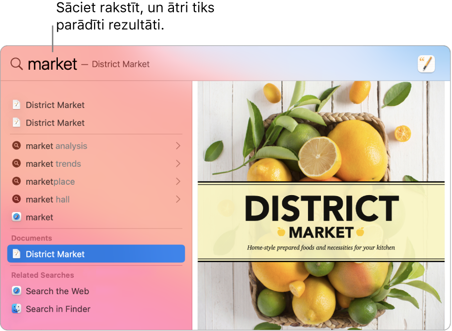 Funkcijas Spotlight loga kreisajā malā ir redzami meklēšanas rezultāti.