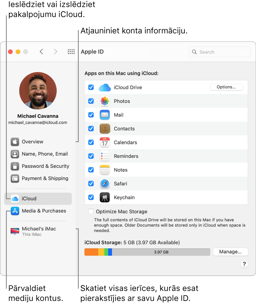 Apple ID rūts izvēlnē System Preferences. Noklikšķiniet uz elementa sānu joslā, lai atjauninātu savu konta informāciju, ieslēgtu vai izslēgtu pakalpojumu iCloud, pārvaldītu mediju kontus un skatītu visas ierīces, kurās esat pierakstījies ar savu Apple ID.