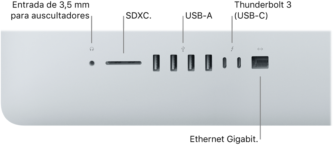 Um iMac, a mostrar a entrada de 3,5 mm para auscultadores, a ranhura para cartões SDXC, as portas USB-A, as portas Thunderbolt 3 (USB-C) e a porta Gigabit Ethernet.