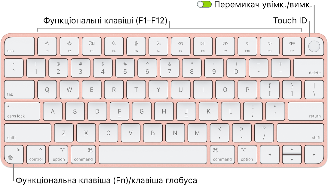 Клавіатура Magic Keyboard із Touch ID, ряд функціональних клавіш і Touch ID вгорі, а також функціональна клавіша (Fn)/клавіша глобуса в нижньому лівому куті.
